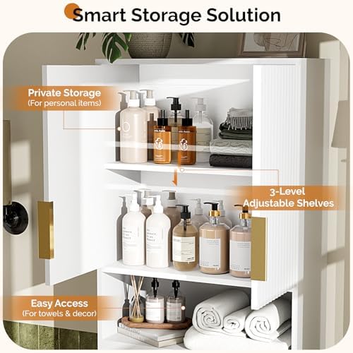 VINGLI Over The Toilet Storage Cabinet White, Modern Bathroom Organizer with Fluted Doors, Freestanding Wooden Space Saver Stand with Adjustable Bottom Bar for Laundry, Gold Handles - Image 6