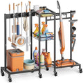 Broom Holder with Cleaning Supplies Organizer, Broom Closet Storage Cabinet with Cleaning Caddy Vacuum Stand, Cleaning Cart with Mop Hanger Gripper Rack Hook, Laundry Room Organization Home Essentials by Olakee