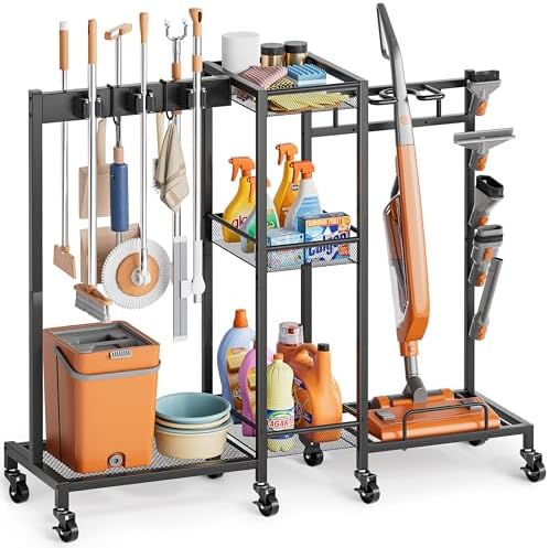 Broom Holder with Cleaning Supplies Organizer, Broom Closet Storage Cabinet with Cleaning Caddy Vacuum Stand, Cleaning Cart with Mop Hanger Gripper Rack Hook, Laundry Room Organization Home Essentials by Olakee