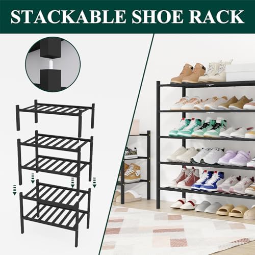 Smiry Bamboo Shoe Rack, 16 Vertical Slats, 3 Tier - 33.7" Wide, Black - Image 4