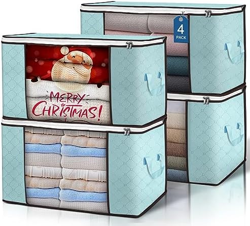 90L Large Storage Bags, 4 Pack Clothes Storage Bins Closet Organizers | Foldable Storage Containers, with Reinforced Handle, for Clothing, Blanket, Comforters, Bed Sheets, Pillows and Toys,Blue by BuddingJoy-BuildaJoyfulLifeforYou