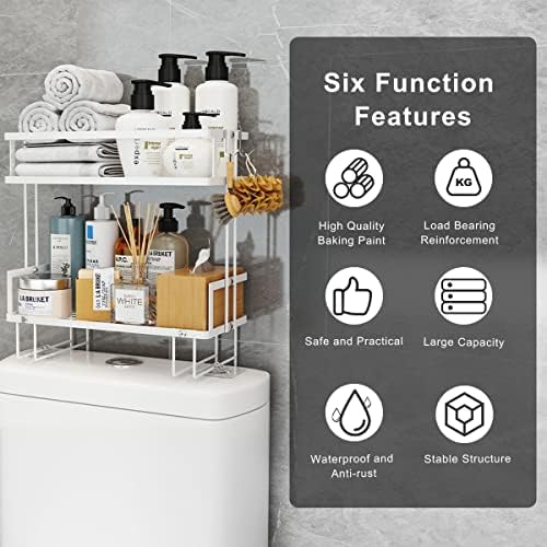FLOLXNB Over The Toilet Storage Shelf, 2-Tier Bathroom Storage Organizer Upgrade Punch-Free Toliet Storage Shelf, Home Storage Rack with Hooks Shelf,White - Image 3