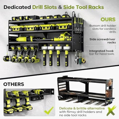 Large Power Tool Organizer Wall Mount with Charging Station, 6-Shelf Heavy Duty Metal Tool Storage Rack, Cordless Drill Holder Slots, Screwdriver Racks & Hook Bar for Garage Workshop - Image 6