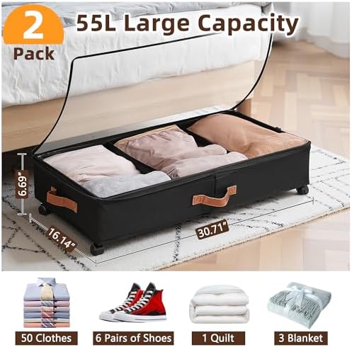 VECELO Under Bed Storage with Wheels, 2 Pack Fully Enclosed Zippered Dust Cover Bins with Clear Lids, Metal Frame and Ultra Thick Fabric Underbed Storage Organizer, Shoe Storage Box, Black - Image 2