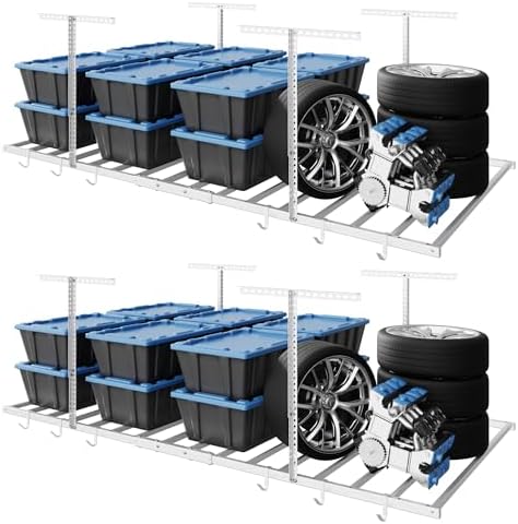 FLEXIMOUNTS 4x8 Overhead Garage Storage Rack with 6 Hooks, 2 Pack, White by FLEXIMOUNTS