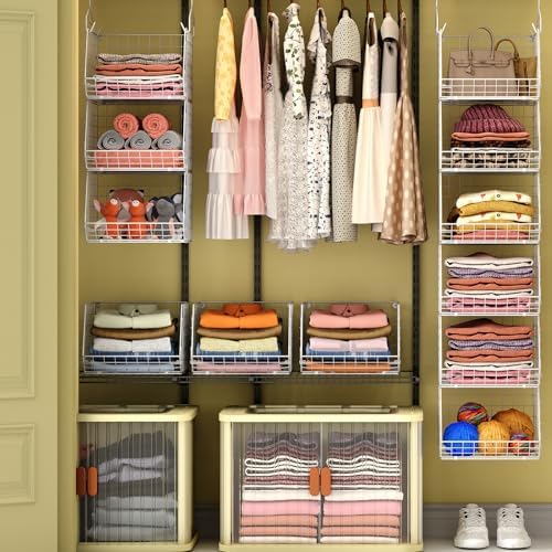 X-cosrack 6 Tier Closet Hanging Organizer, Clothes Hanging Shelves with 4 Hanging Hooks 5 S Hooks, Wire Storage Basket Bins, for Clothing Sweaters Shoes Handbags Clutches Accessories Patent - Image 2