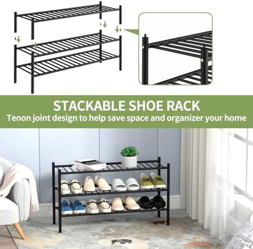 ROMGUAR CRAFT 3-Tier Bamboo Long Shoe Rack, Free Standing Wood Shoe Shelf Storage Organizer for Closet Entryway Stackable 35"x11"x20" (Black) - Image 6
