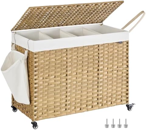 SONGMICS Rolling Laundry Hamper with Lid, 210 L 4-Section Synthetic Rattan by Unknown