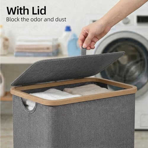 efluky Slim Laundry Basket with Lid, Narrow Laundry Hamper with Removable Bag, Skinny Dirty Clothes Basket with Bamboo Handles for Bathroom, Bedroom & Laundry Room, 75L Grey - Image 2