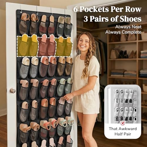48 Pockets Over the Door Shoe Organizer, Large Mesh Hanging Shoe Rack, 6-Column Heavy Duty Shoe Storage for Sneakers and Heels, Behind Door Holder for Entryway Bedroom Dorm College, Black - Image 3