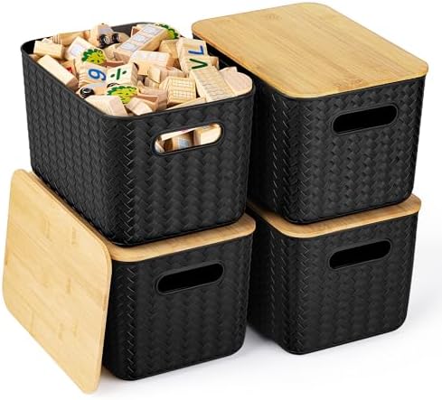 Ohmlove 4 Pack Storage Bins with Bamboo Lids,Stackable Box for Organization by OHMLOVE
