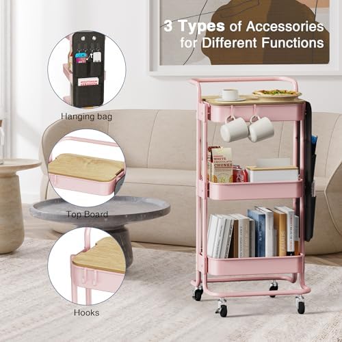 DTK 3-Tier Rolling Cart with Table Top, Metal Utility Cart with Side Bags - Image 5