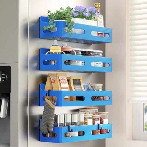 Sevenblue 4-Pack Magnetic Spice Rack for Refrigerator with Hooks, Blue by Sevenblue