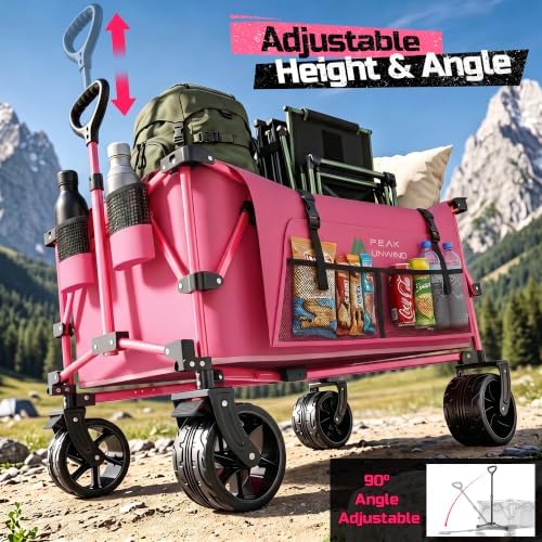 400L Folding Wagon Cart with Brakes & Removable Table, 580lbs Heavy Duty Collapsible Wagon, Big All-Terrain Wheels for Camping, Sports, Grocery, Outdoor - Pink - Image 7