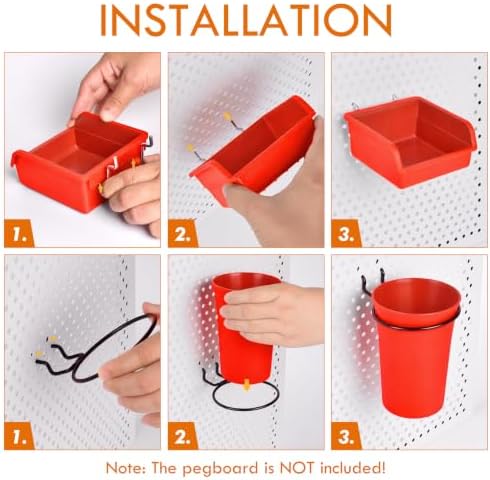 Pegboard Bins Cups with Hooks & Loops 12 Pack Peg Board Organizer (Red) - Image 3
