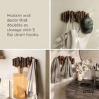 Umbra Picket Coat Rack, Wall Mount 5 Flip-Down Coat Hooks, Walnut - Image 4