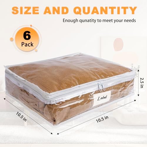Clear Zippered Plastic Clothes Storage Bags, 6 Pack, White | Clear Storage Bags with Zipper Plastic Storage Bags for Clothes Sweaters Blankets Sheets, Size: 10.5 x 10.5 x 2.5 Inch - Image 2