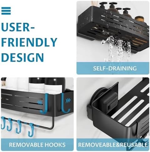 Onemake Shower Caddy Suction Cup, 2 Pack Shower Shelf with Hooks, Black - Image 7