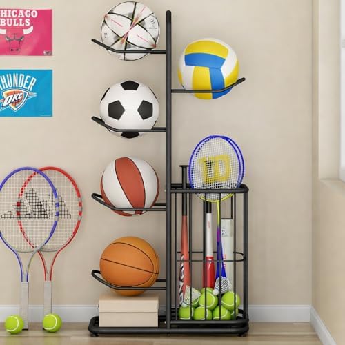 Multi-Function Sports Equipment Storage Racks - Adjustable and Durable Solutions for Organizing Balls, Toys, and Gear Indoors, in Garages, or Outdoors (5-tier-black-with Basket) by RockSolid