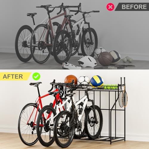 4 Bike Stand, Bike Rack Garage with Storage Rack, Bicycle Stand for Garage Organizer, Indoor Sporting Gear Storage Station for Mountain/Road/Hybrid & Fat Tire Bike - Image 7