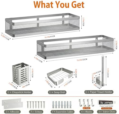 PUSDON 5-in-1 16.5" Extra Long Slim Wall Mount Wrapped Mesh Kitchen Organizer & Shower Caddy Kit, with Paper Towel Holder, Utensil Holder, Soap Dish, Holds 50LBS - Silver Gray, Netting - Image 2
