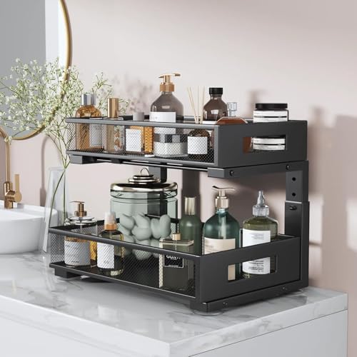 1 Pack 17IN Depth Under Sink Organizer, 2-Tier Pull Out Cabinet Organizer With Smooth Circular Rail, Large Capacity Metal Mesh Sliding Drawers For Bathroom& Kitchen Storage,Height Adjustable –Black - Image 5