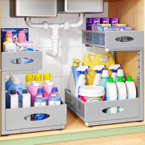 Under Sink Organizer, 1-Pack Pull Out Cabinet Organizer 2 Tier Metal Slide Out Storage Shelf Rack, L-Shaped Adjustable Height,Mesh Sliding Drawer for Kitchen, Bathroom, Laundry, Pantry, Grey, XL by Kitstorack