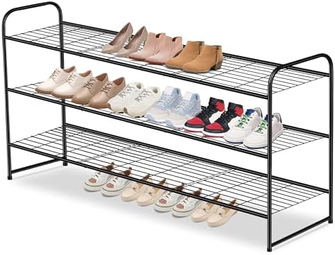 AOODA Long 3 Tier Metal Shoe Rack for Closet Wide Stackable Shoe Storage Organizer for Entryway, Bedroom, Floor, 24-Pairs Men Sneakers Shoe Shelf with Wire Grid, Black by AOODA
