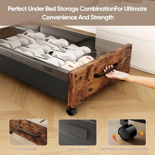 KITHELP Wooden Under Bed Storage with Wheels, Rolling Under the Bed Storage Bins with Removable Lid, Metal Under Bed Drawers for Clothes and Shoes in Bedroom or Living Room(Black Wood-2pack) - Image 4
