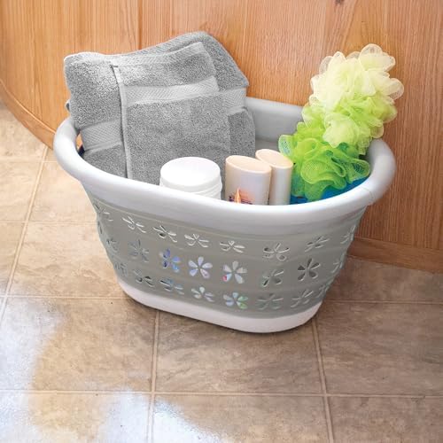 Camco Collapsible Laundry Basket, Small, Taupe/White - Pop Open Waterproof Plastic Bin with Handles for Home, Dorm, RV Storage - Image 2