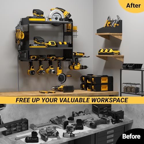 YYR Power Tool Organizer Wall Mount with Charging Station, Cordless Tools Hanger and Battery Storage Rack for Garage Organization, Heavy Duty Drill Holder Shelf Build in Metal Power Strip - Black - Image 5