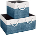 Fab totes Storage Bins 3-Pack, Foldable Storage Baskets for Organizing Toys, Books, Shelves, Closet, Large Storage Box with Rope Handles, Sturdy Organizer Bins, White & Blue by Fabtotes