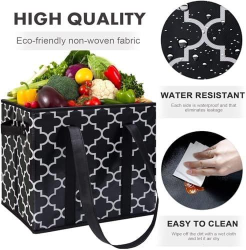 WISELIFE Reusable Grocery Bags 3-Pack Foldable Washable Large Storage Bins Basket Water Resistant Shopping Tote Bag Black - Image 4