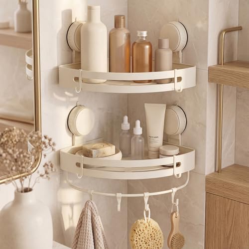 Suction Cup Shower Caddy(2-Pack Cream White),Single 1.77 Inches High No-Drilling Aluminum Bathroom Organizer with Towel Bar & Hooks,Moder wall Shower Shelf and Storage Decor by Unknown