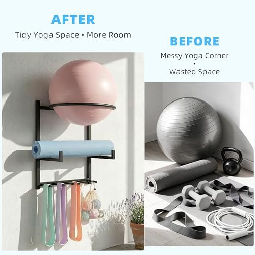 Wall Mounted Yoga Ball and Mat Holder, Space-Saving Home Gym Organizer and Storage Rack Fits 55-75cm Stability Ball with 5 Hooks for Resistance Bands and Equipment - Image 4