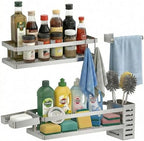 PUSDON 5-in-1 Shower Caddy & Kitchen Organizer Set, Wall Mount Wide Spice Rack with Paper Towel Holder, Utensil Holder, Soap Dish, Rustproof Mesh Baskets Hold 50LBS - Silver Gray, Guardrail by PUSDON