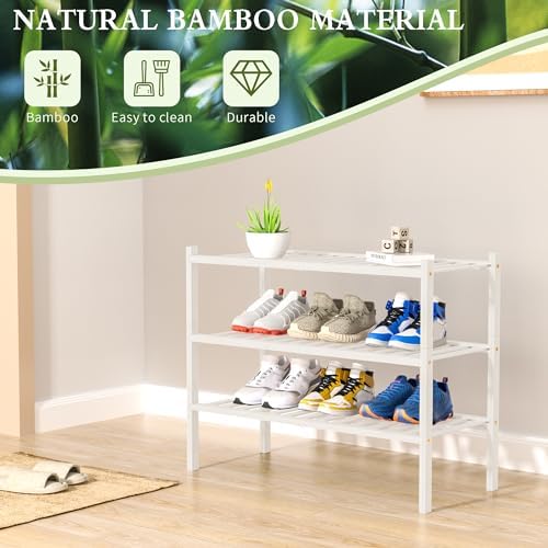 ROMGUAR CRAFT 3 Tier Bamboo Shoe Rack for Closet Free Standing Wood Shoe Shelf Storage Organizer for Entryway Small Space Stackable 27"x11"x20" (White) - Image 6