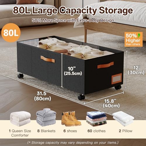 Under Bed Storage with Wheels, 12" Height Under Bed Storage Extra Deep Under Bed Storage Containers, Perfect for 14'' Bed Frame, No Assemble Metal Rolling Underbed Storage for Clothes Shoes Blankets - Image 3