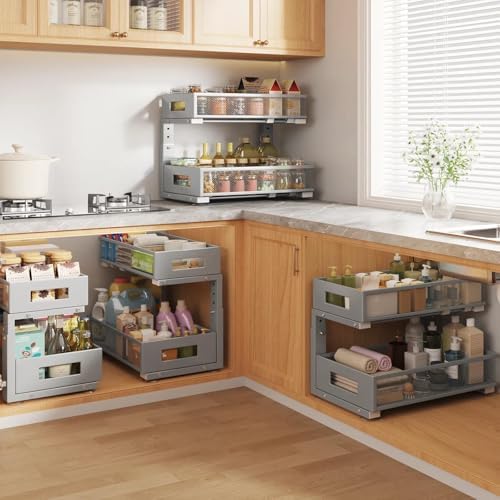 2 Packs 17IN Depth Under Sink Organizer, 2-Tier Pull Out Cabinet Organizer With Smooth Circular Rail, Large Capacity Metal Mesh Sliding Drawers For Bathroom& Kitchen Storage,Height Adjustable–Gun Gray - Image 5