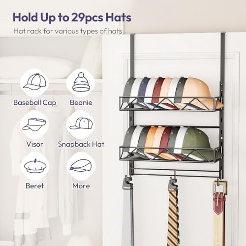 SWTYMIKI Over Door Hat Organizer - 3 Tier Wall Mounted Hat Rack with 2 Adjustable Metal Basket and 3 Hooks, Hanging Baseball Cap Organizer Storage Holds up to 29 Caps for Door, Bedroom, Closet - Image 2