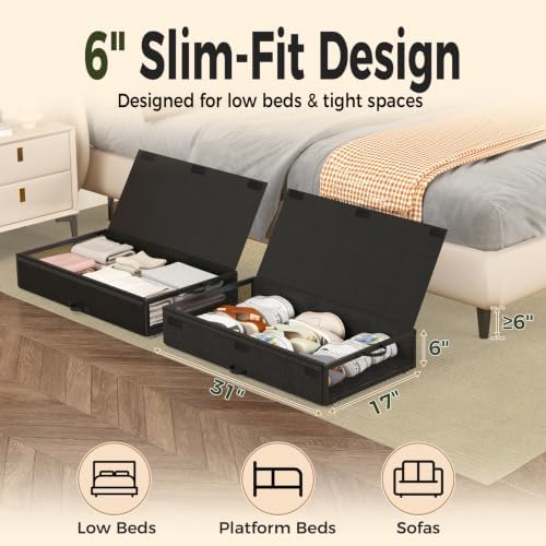 Fokyfok 2 Pack Under Bed Storage with Wheels 6 inch Height | Metal Frame,Lid,Rolling Slim Under Bed Drawers for Shoes,Clothes,Shallow Underbed Storage,Under Couch Storage,Black - Image 2
