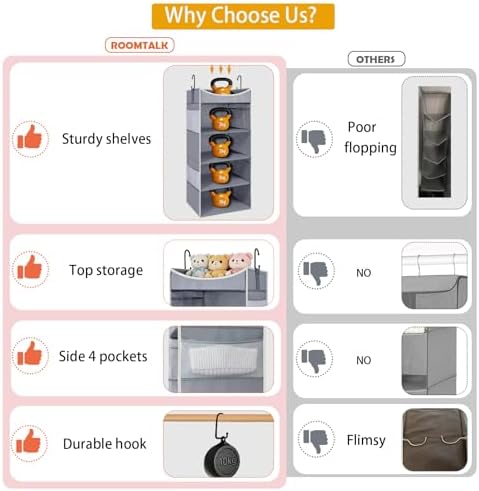 4-Shelf Hanging Closet Organizer and Storage with Side Pockets, Collapsible Closet Hanging Shelves for Storage, Grey - Image 7
