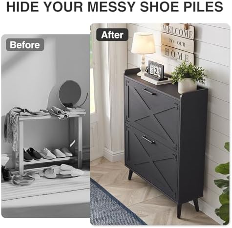 Barnyatoh Farmhouse Shoe Storage Cabinet with 2 Flip Drawers & Barn Door - Image 4