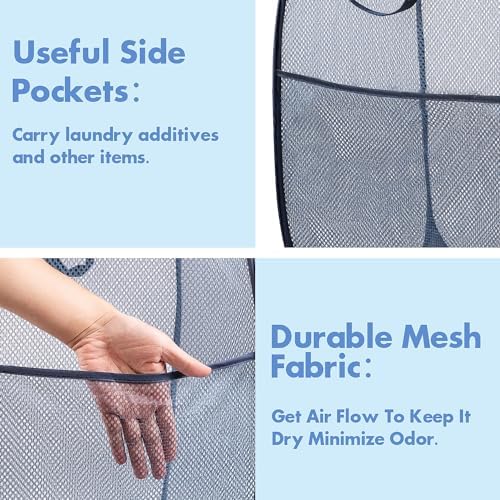 Pop Up Laundry Hamper, 70 L Collapsible Mesh Basket with Side Pocket, Blue - Image 4