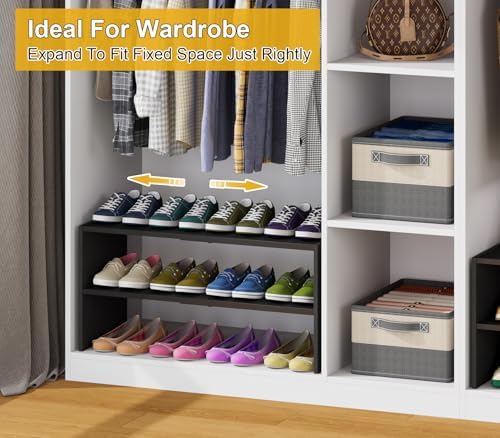 Black Shoe Rack Organizer for Closet, 2-Tier Expandable Shoe Shelf, Stackable Iron Wood Combination Small Shoe Racks Shelves for Closets, Entryway,Small Space,Hallway,Garage,6-12 Pairs - Image 6