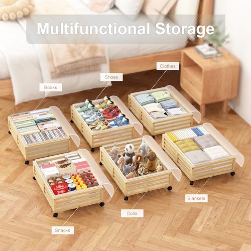 Under Bed Storage with Wheels-Large Bamboo Underbed storage Containers with Large Dust Bag Stackable Under the Bed Shoe Storage Bins for Clothes Books Bedding (2 Packs Nature, 23.62"L×16.54"W× 6.51"H) - Image 6