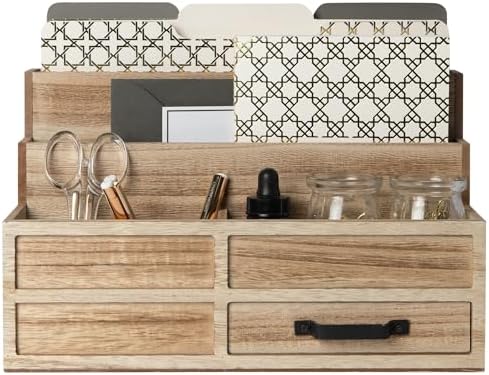 BLU MONACO | Natural Wood Mail Organizer with Drawer & Pen Holder | Rustic Desk Organizer for Bills, Letters & Countertop Storage | Wooden Desktop Mail Sorter for Home & Kitchen by Blu_Monaco