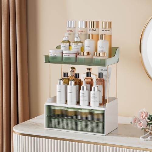 Delamu 4-Tier Makeup Organizer, Bathroom Counter Storage, 2 Drawers,Green - Image 3