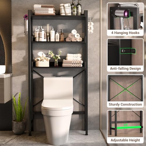 Besiost Over The Toilet Storage Rack - 3 Tier Bathroom Organizer with Shelves, Freestanding Space Saver Storage Rack Above Toilet Stand with 4 Hooks for Restroom, Laundry, Black - Image 4