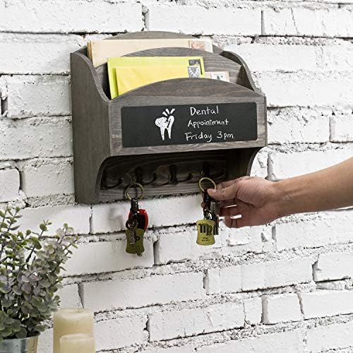 MyGift 2-Compartment Vintage Gray Wood Wall Mounted Entryway Mail Organizer Letter Sorter with Chalkboard Label Surface and 4 Double Key Hooks - Image 2